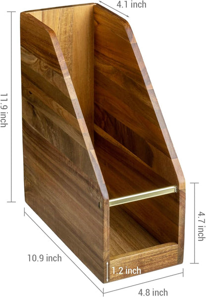 MyGift Premium Hotel Series Solid Acacia Wood Desktop Magazine File Holder Bin with Brass Tone Metal Accent, Vertical Office Desk Document Folder Binder Storage Organizer Rack