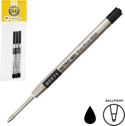 Retro 51 Easy Flow 9000 Ballpoint Refills, Black Ink, 3-Pack – German Engineered for Smooth Writing, Compatible with Tornado Pens