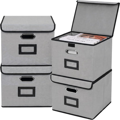 File Storage Box with Lid, 15.55x12.87x10.43 Inches, Foldable Organizer with Handles & Label Slot, for File Storage, Home, Office, and Closet Organization(Pink)