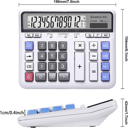 Comix Desktop Calculator Solar Battery Dual Power with 12-Digit Large LCD Display and Large Computer Keys Standard Function Calculator for Home Office School, White
