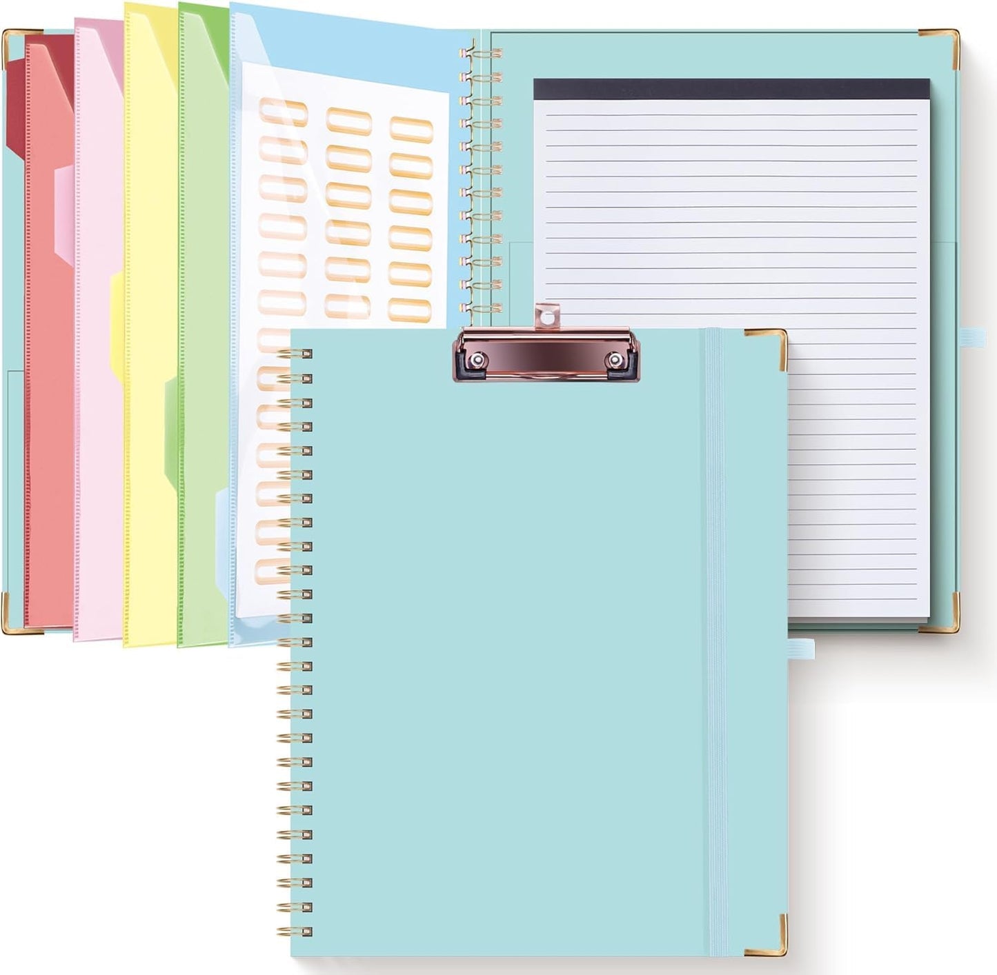 HAUTOCO Clipboard Folio with Refillable Notepad for Letter Size (11" x 8.5"), 5 Dividers with 10 Pockets, Elastic Pen Holder and File Folder Labels, Spiral Nurse Clipboard Artboard(Green)
