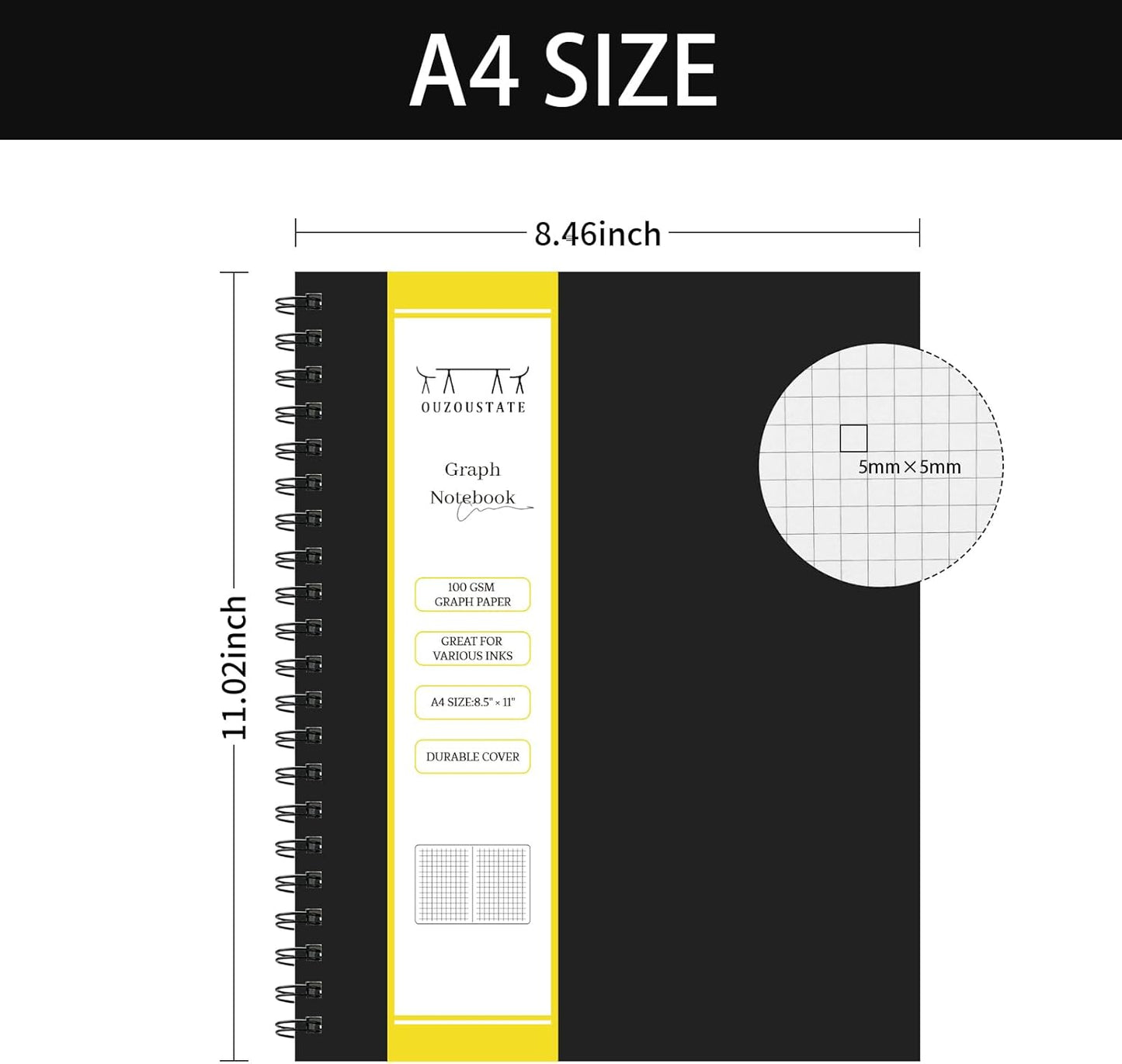 Lined Spiral Notebook A4 Large Black Journal 8.5" x 11"-4 Pack 7mm College Ruled Hardcover Notebooks 160 Pages 100GSM Thick Paper for Note Taking School Office Supplies