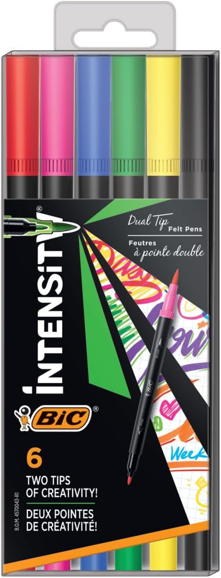 BIC Intensity 2 in 1 Dual Tip Fineliner Pens, Fine Tip (0.7mm) and Flexible Brush (3.7mm), Assorted Colors, 12-Count Pack