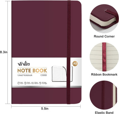 ViVin Lined Journal Notebooks for Work, 192 Pages, Medium 5.5 x 8.3 inch, College Ruled, A5 Hardcover Journaling Notebooks for Writing, 8 Pack Bulk,Black