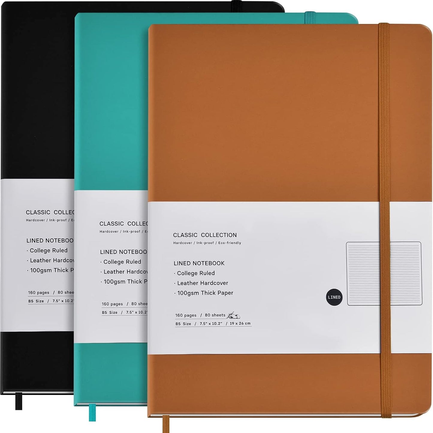 Coopay 3 Pack B5 Journal Notebooks Classic College Ruled Notebooks Hardcover Lined Journals for Office Home School Business Writing Note Taking, 10.2 x 7.5 inch, 100GSM Thick Paper, 160 Pages (Black)