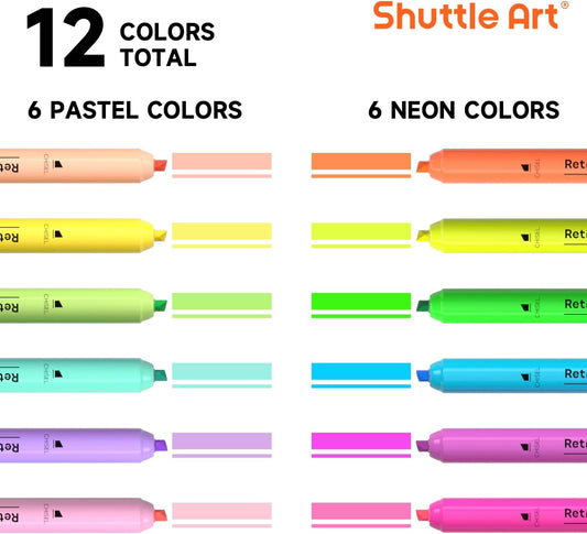 Shuttle Art Retractable Highlighters Assorted Colors, 12 Colors(6 Pastel & 6 Neon) Chisel Tip Fluorescent Markers, Quick-Dry Aesthetic Highlighter Pens for Adults, Perfect for School Office Home