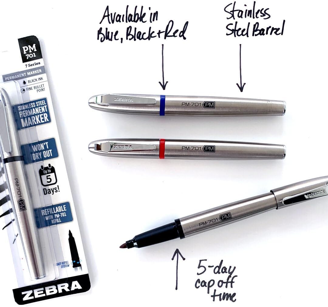 Zebra Pen, PM-701 Permanent Marker, Fine Bullet Point, Black Ink, Stainless Steel Barrel, Refillable, Includes 1 Refill, Cap Off Time of 120 Hours, 1-Pack (65211)
