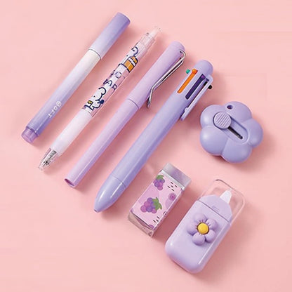7 Pcs Cute Blue Stationery Set Kawaii School Supplies Office Supplies Including Ballpoint Pens Pencil Sharpener Highlighter Correction Tape Ruler Utility Knife (Blue)