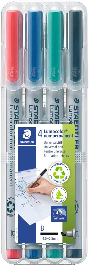 Staetdler Lumograph Non-Permanent Wet Erase Marker Pen, Low Odor Colored Markers, 8 Pack Assorted Colors, 311-WP8