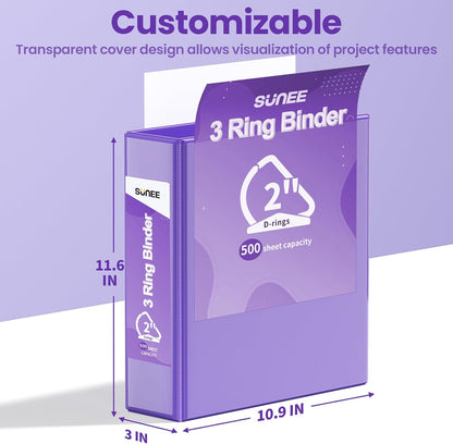 SUNEE 3 Ring Binder 2 Inch, Clear View Binder Three Ring PVC-Free (Fit 8.5x11 Inches) for School or Office Supplies, Light Purple, 1 Pack