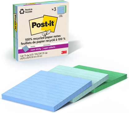 Post-it 100% Recycled Paper Super Sticky Notes, 4 in. x 4 in., 3 Pads, 70 Sheets per Pad, Wanderlust Pastels, School Supplies and Office Products