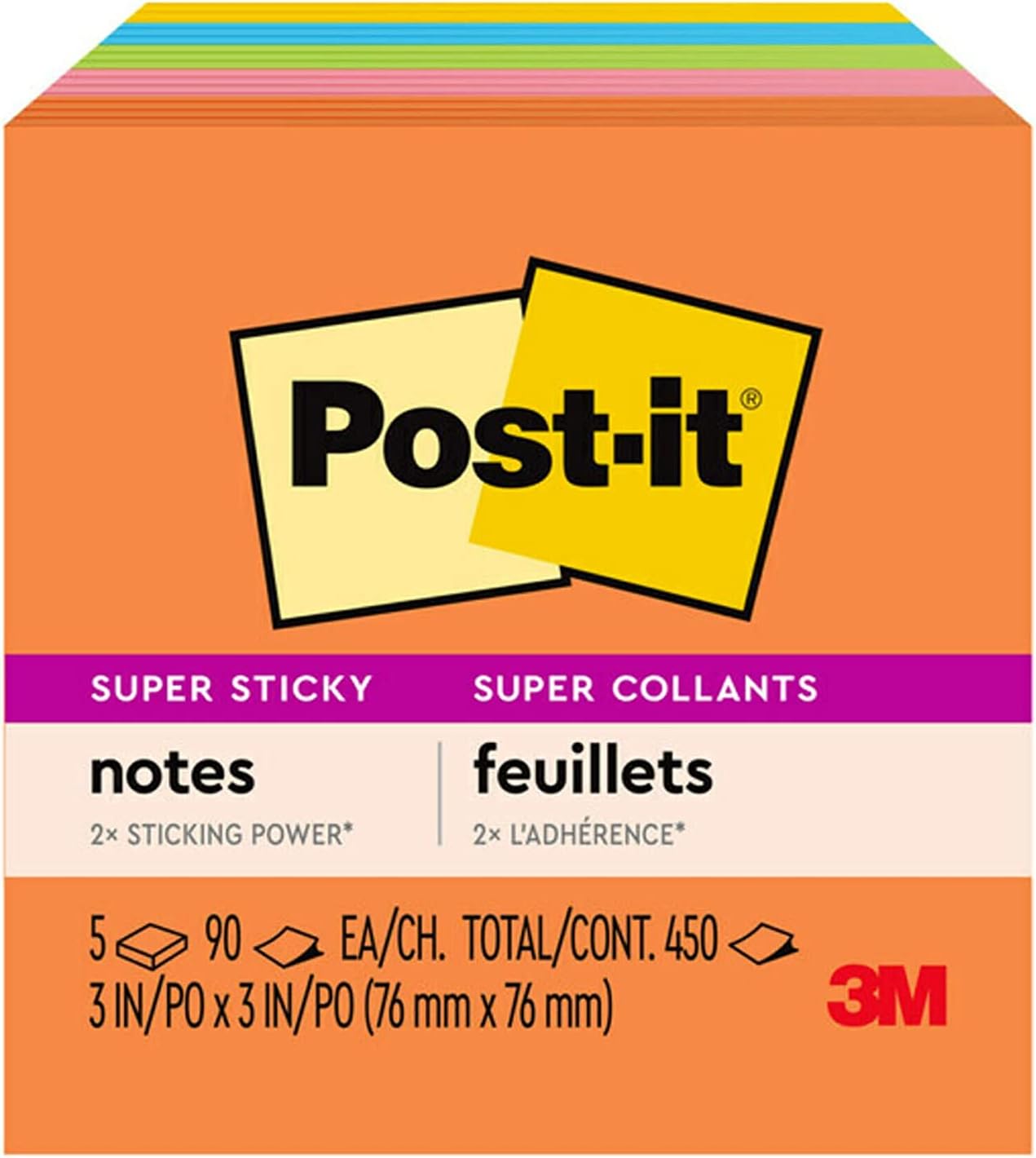 Post-it Super Sticky Notes, 5 Sticky Note Pads, 3 x 3 in., School Supplies for Students, Ideal for Textbooks, Notebooks, Walls and Vertical Surfaces, Energy Boost Collection