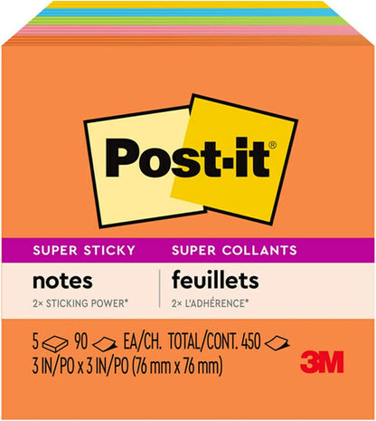 Post-it Super Sticky Notes, 5 Sticky Note Pads, 3 x 3 in., School Supplies for Students, Ideal for Textbooks, Notebooks, Walls and Vertical Surfaces, Energy Boost Collection