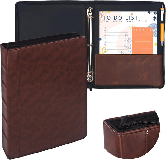 Ring Binder Depot Faulkner Vintage Professional 3 Ring Zipper Binder Organizer, 1.5 Inch Round Rings, 8.5 x 11 Sheet Size, 2 Inner Pockets, 1.6 Spine, Appearance of Antique Brown Leather, Pen Included