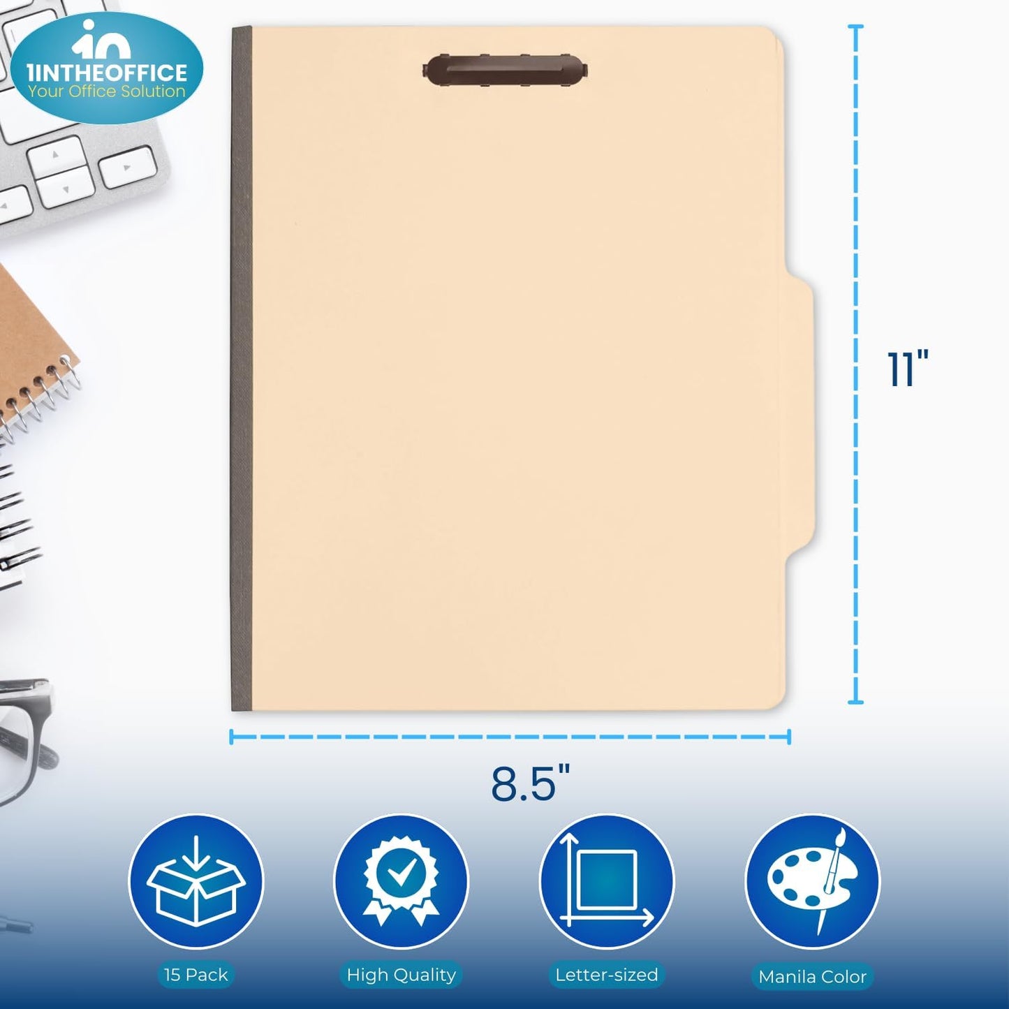 1InTheOffice Classification Folders, 2 Dividers, Letter Size, Manila, 6 Fasteners 15 Pack