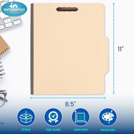 1InTheOffice Classification Folders, 2 Dividers, Letter Size, Manila, 6 Fasteners 15 Pack