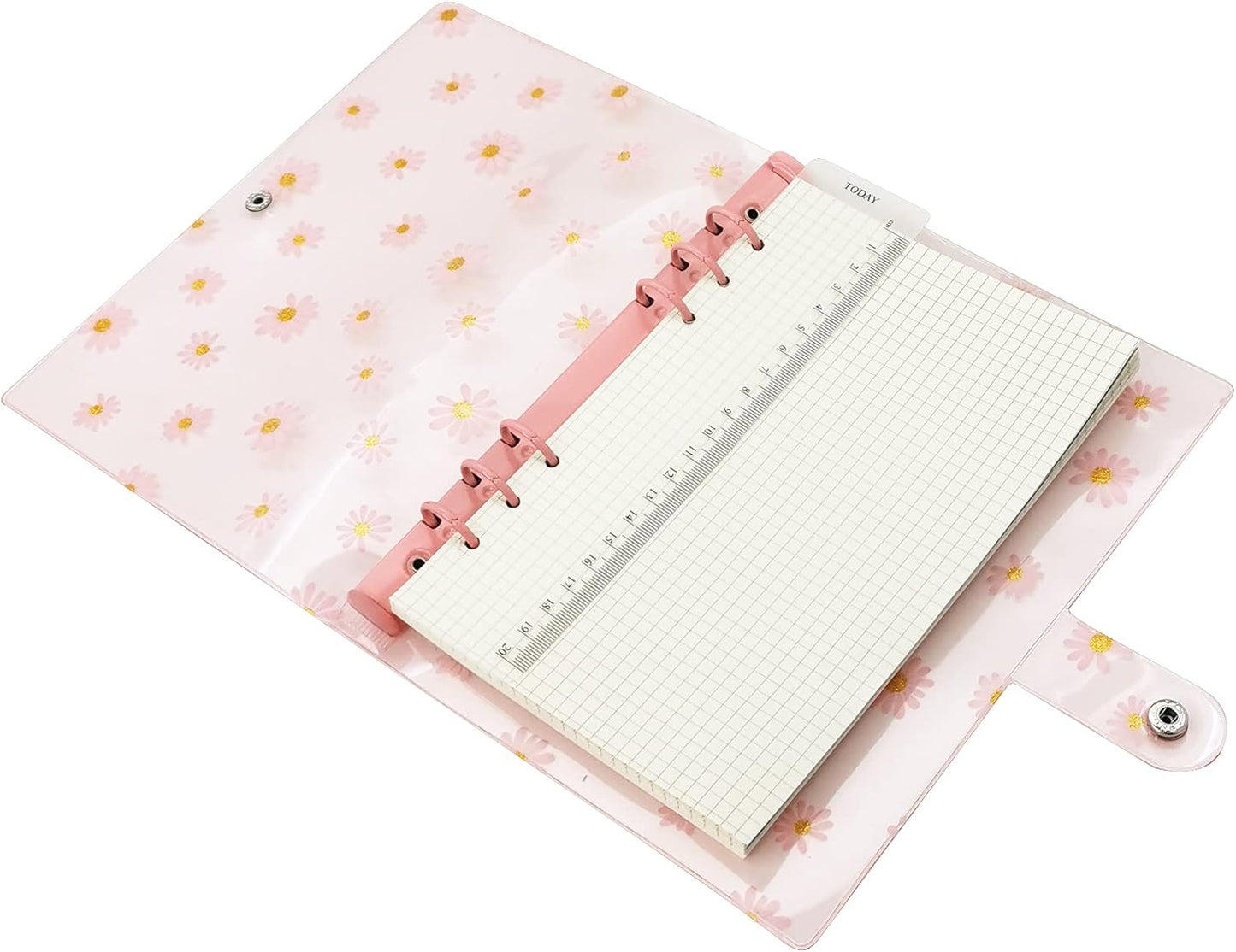 A6 A5 6-Holes Colorful PVC Cover Round Ring View Binder with Snap Button Closure File Folder for Loose Leaf Sheet Protectors Notebook Refill (Pink Daisy, A5 Mini Set) - Colors A