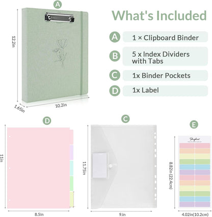SKYDUE Clipboard Binder with Dividers,1 Inch Linen 3 Ring Binder with Clipboard on Front for Organizer, Clipboard Folder with Pocket, Labels Office Supplies OliveGreen