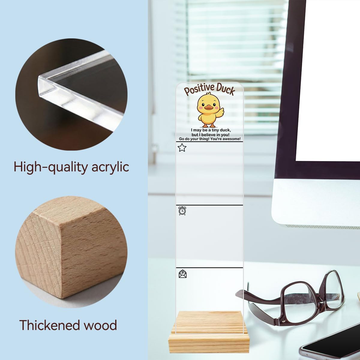 Sticky Notes Monitor Memo Board Acrylic Note Holder with Removable Wooden Base, Everything is Fine Logo Desk Set Includes 200 Sheets Two Sizes Sticky Notes, Office Desk Accessories Organizer