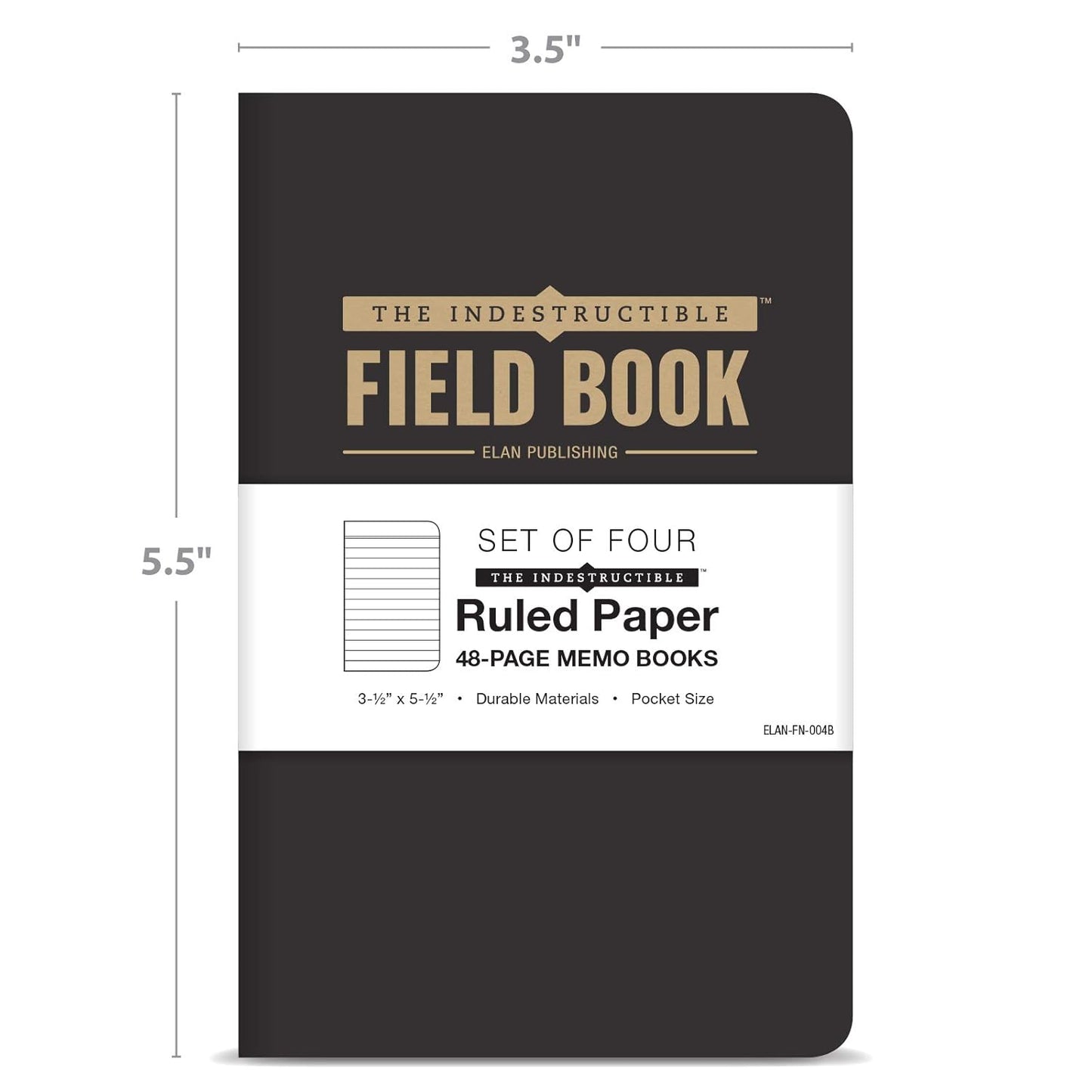 Elan Publishing Company The Indestructible, Waterproof, Tearproof, Weatherproof Field Notebook - 3.5"x5.5" - Black- Lined Memo Book - Pack of 4