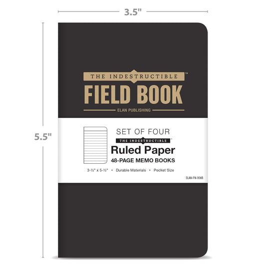 Elan Publishing Company The Indestructible, Waterproof, Tearproof, Weatherproof Field Notebook - 3.5"x5.5" - Black- Lined Memo Book - Pack of 4
