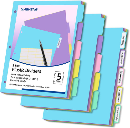 3 Ring Binder Dividers with TAB,48PCS/6 Set Plastic File Dividers,8 Tab 3 Hole Punch Dividers,Pastel Color,Letter Size,6 Sets