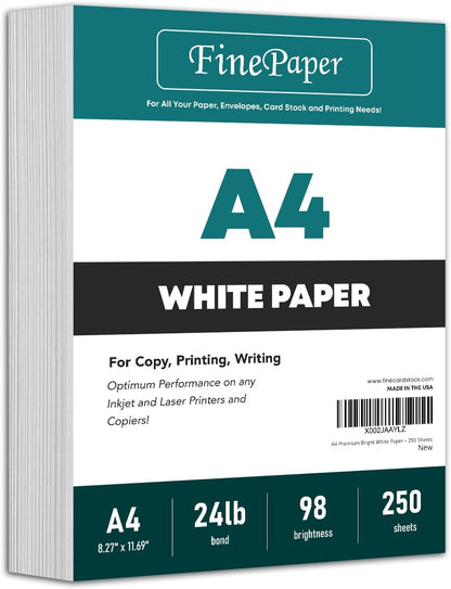 A4 Premium Bright White Paper – Great for Copy, Printing, Writing | 210 x 297 mm (8.27" x 11.69") | 24lb Bond / 60lb Text (90gsm) | 250 Sheets per Pack