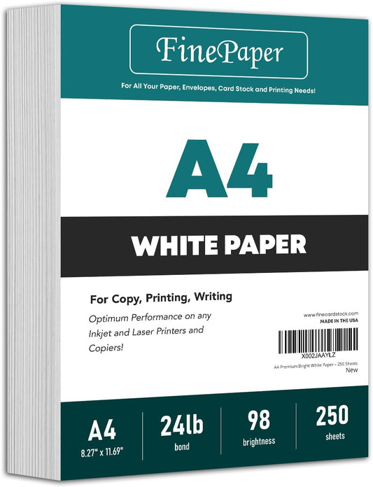 A4 Premium Bright White Paper – Great for Copy, Printing, Writing | 210 x 297 mm (8.27" x 11.69") | 24lb Bond / 60lb Text (90gsm) | 250 Sheets per Pack