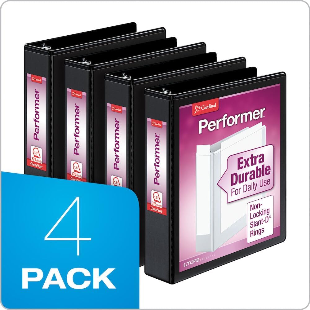 Cardinal Performer 3-Ring Binders, 2", Non-Locking Slant-D Rings, 540-Sheet Capacity, ClearVue Presentation, Non-stick, PVC-Free, Black, 4-Pack (27501)