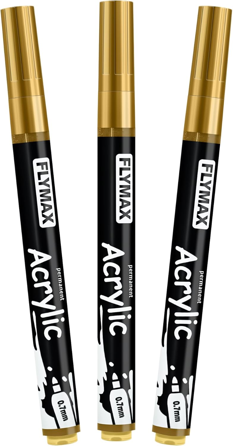 FLYMAX Gold Marker Paint Pens - Permanent Marker Pens Gold Acrylic Paint Water-Based 0.7mm Fine Tip Waterproof Quick-Drying (3 in 1Pack)