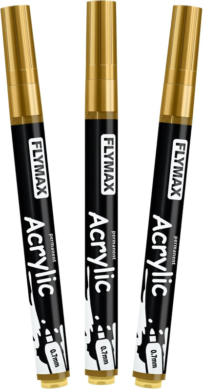 FLYMAX Gold Marker Paint Pens - Permanent Marker Pens Gold Acrylic Paint Water-Based 0.7mm Fine Tip Waterproof Quick-Drying (3 in 1Pack)
