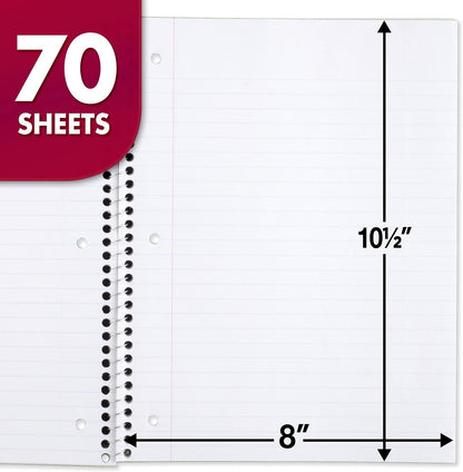Mead Spiral Notebook, 1 Subject, Wide Ruled Paper, 7-1/2" x 10-1/2", 70 Sheets, Color Will Vary (05510)