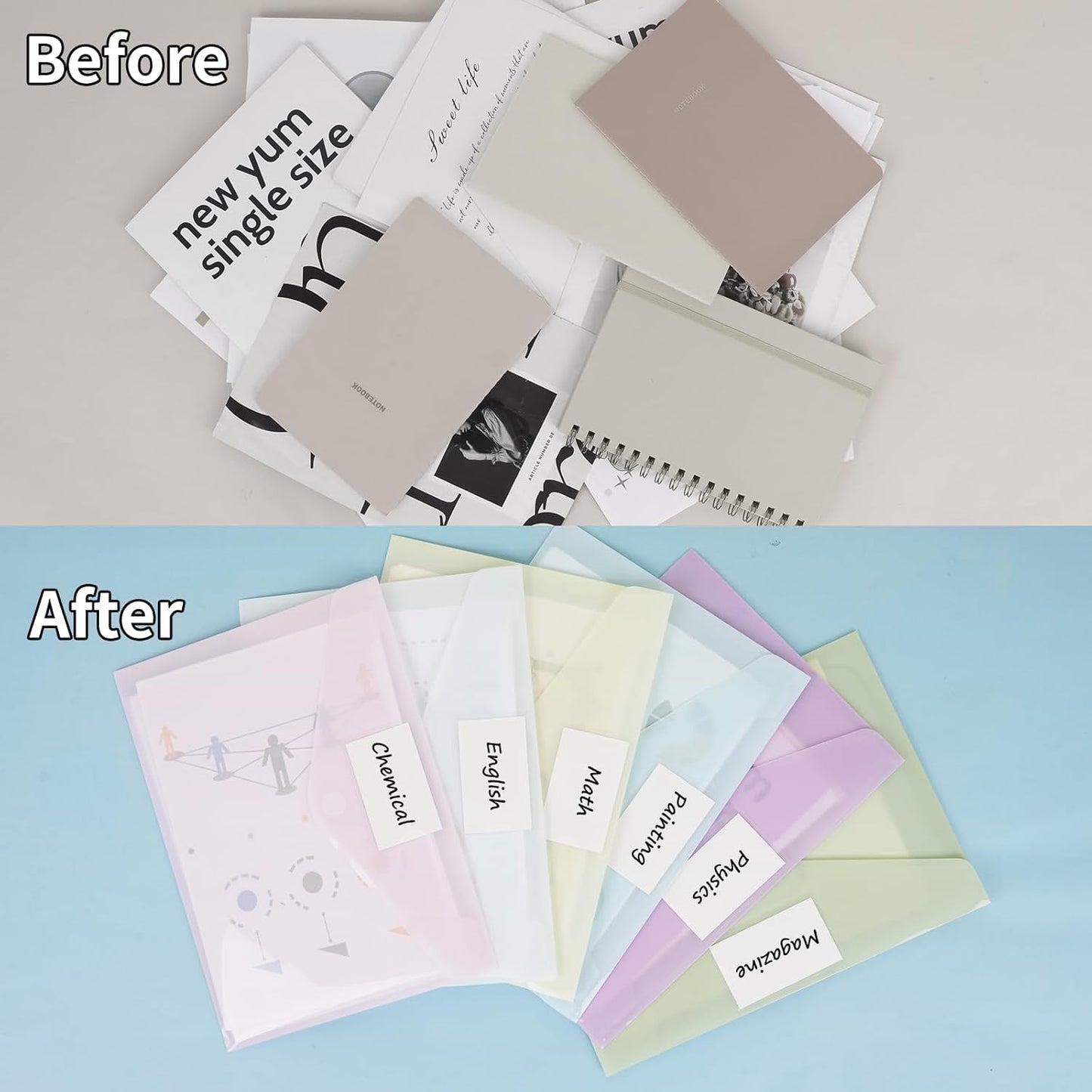 EOOUT 30 Pack 10 Color Plastic Envelopes Poly Envelopes, Hook & Loop Closure File Folders Clear Document Folders File Envelopes with Label Pocket A4 Size