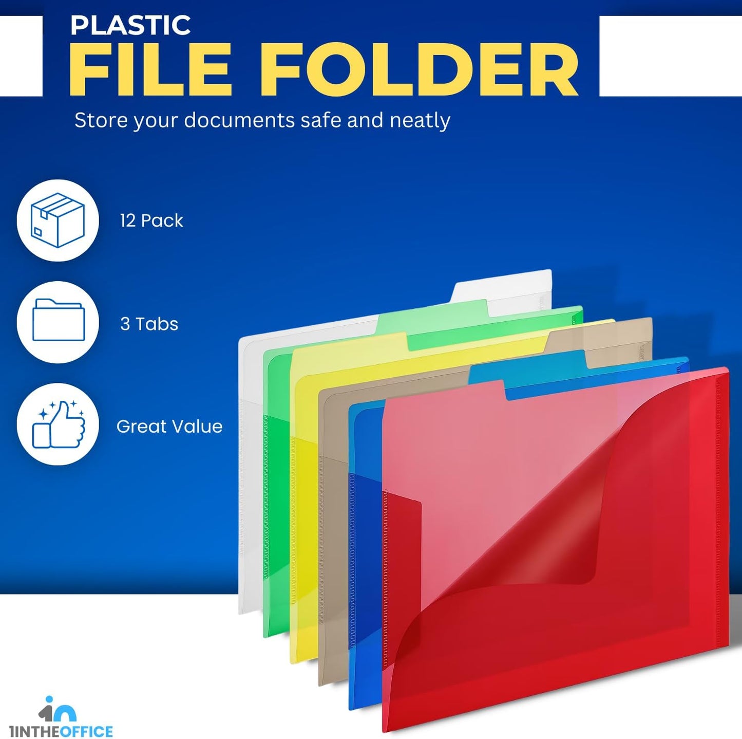 1InTheOffice Plastic File Folders, Poly File Folders, Translucent Poly File Folders, 1/3-cut, Top Tabs, Letter Size, Assorted, 12/Pack