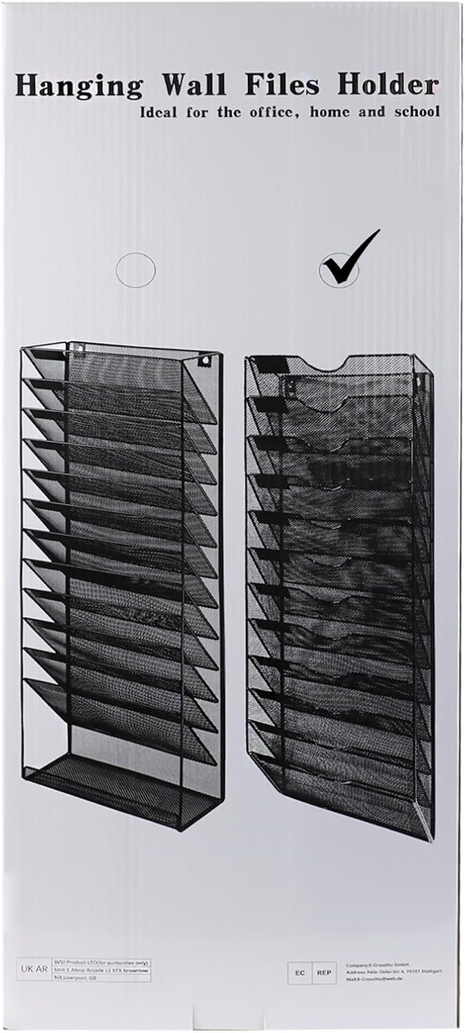 1 Pocket Mesh Wall File Holder Organizer Office Hanging File Folder Magazine Rack, Nametag Label Hooks Set Included (Black)