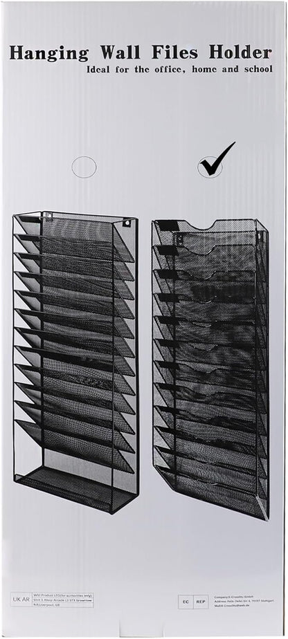 1 Pocket Mesh Wall File Holder Organizer Office Hanging File Folder Magazine Rack, Nametag Label Hooks Set Included (Black)