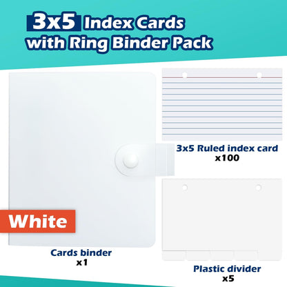 3x5 Lined Index Cards with Ring Binder Holder and Dividers, 100 Ruled Cards, Blue