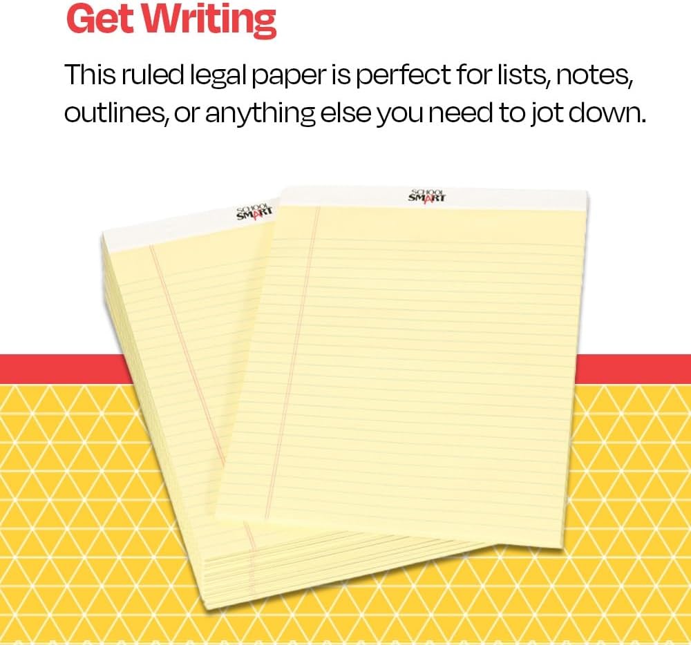 School Smart Legal Pad, 8-1/2 x 11-3/4 Inches, Canary, 50 Sheets, Pack of 12