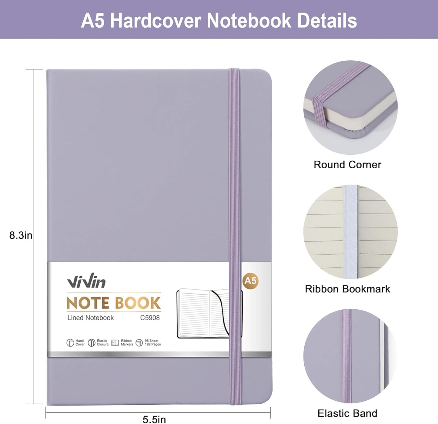 ViVin Lined Journal Notebooks for Work, 192 Pages, Medium 5.5 x 8.3 inch, College Ruled, A5 Hardcover Journaling Notebooks for Writing, 8 Pack Bulk,Black