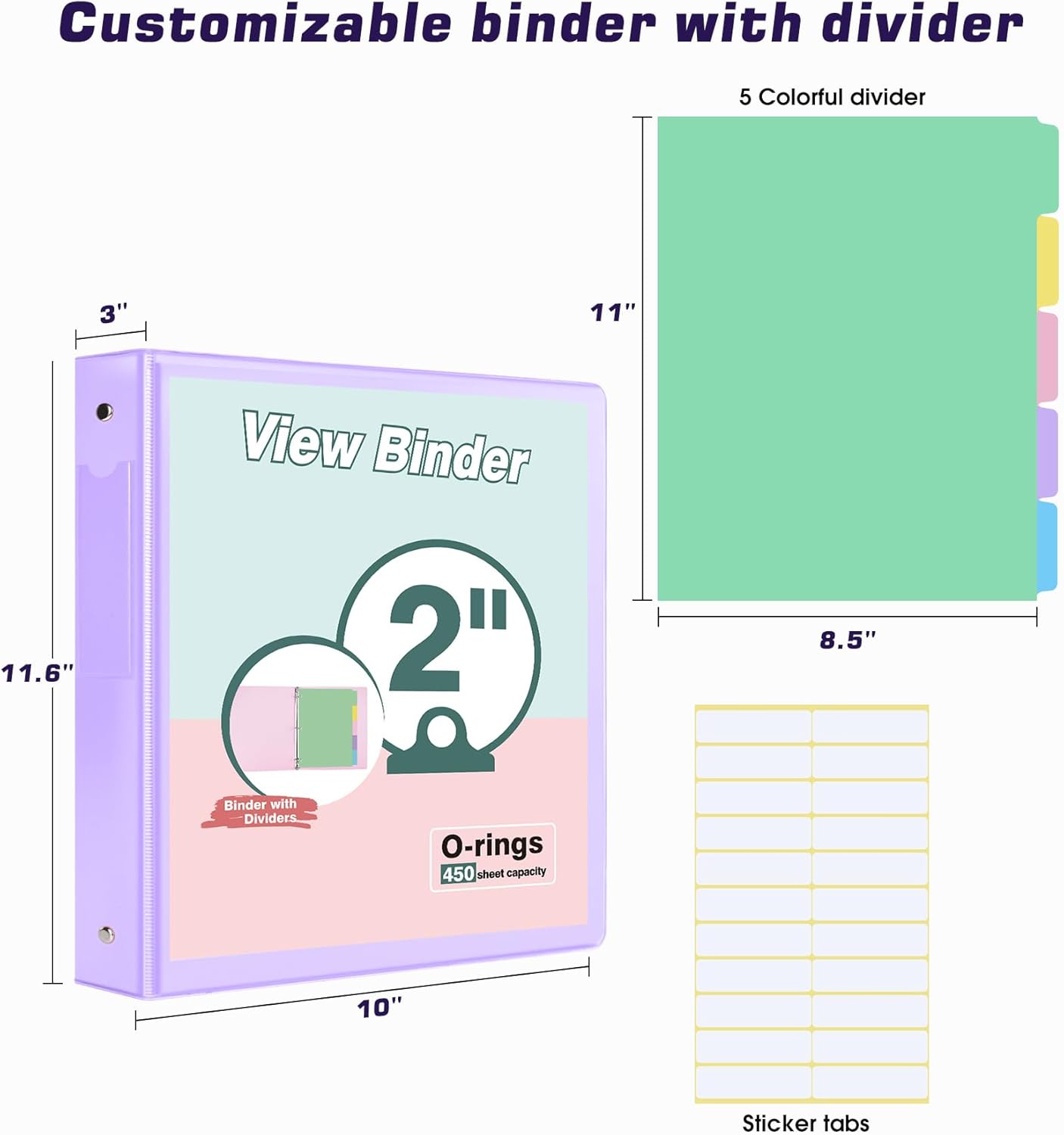 3 Ring Binder 1.5 inch，Cute Binder Organizer with 5 Tab Dividers Fits 175 Sheets of 8.5x11 Paper,Customizable Clear Cover with Inside Pockets,Aesthetic 1.5" Three Ring Binders for School Office,Purple