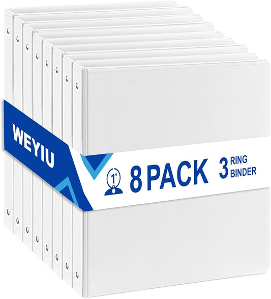 1 inch 3-Ring Binder, 1" Round Ring Binder with 2 Interior Pockets, Holds 200 Sheets US Letter Size 8.5'' x 11'', Clear View Binders for Office, Home, and School (White,8-Pack)