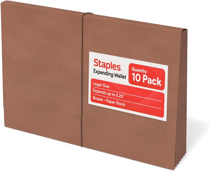 Staples Expanding Wallet, Legal Size, Brown Redrope Accordion File with Elastic Closure, Holds Oversized Documents – 10/Pack