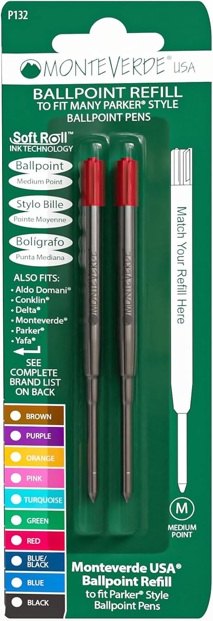 Monteverde Soft Roll Ballpoint Pen Refills to Fit Parker-Style Pens, Medium Point, Brown, 2-Pack, Smooth Writing Technology for Parker, Conklin, Schmidt, and More