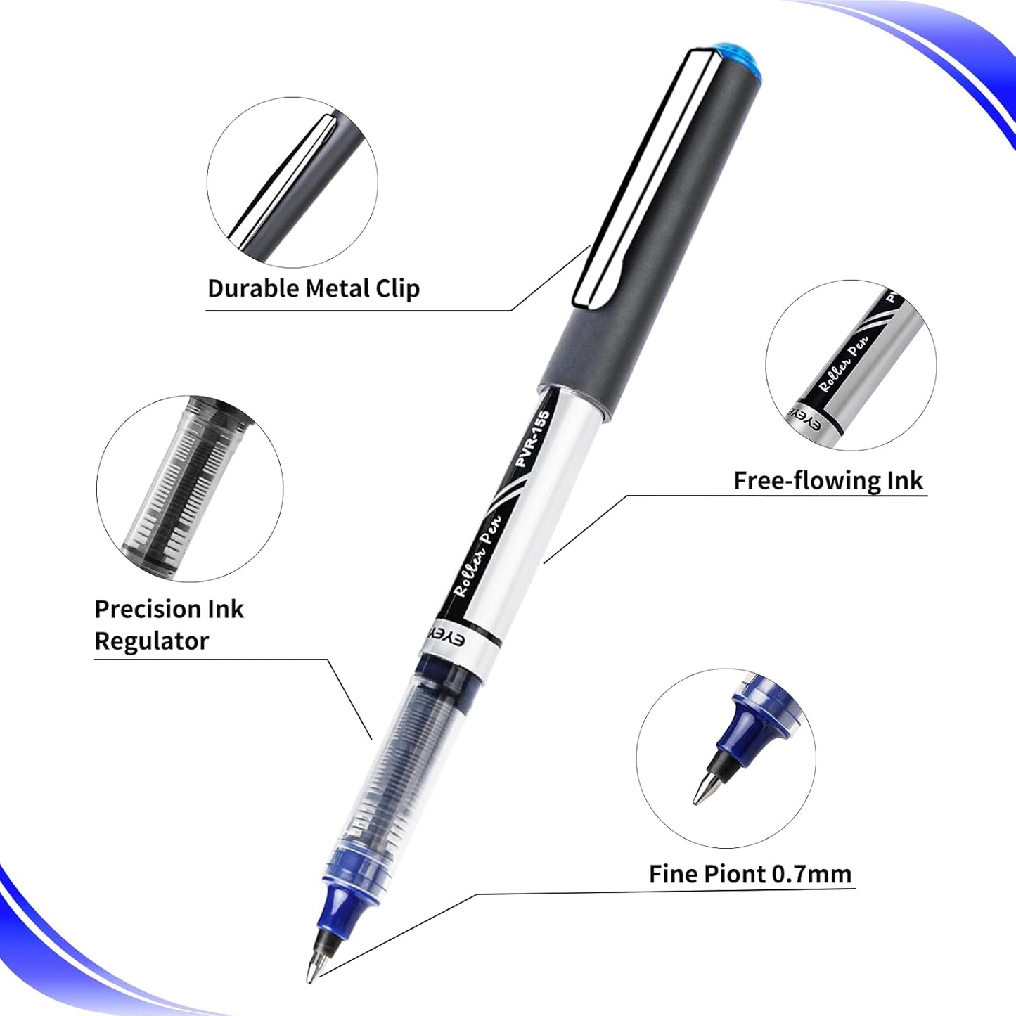 EYEYE Black Rollerball Pens 12 Pack, 0.7mm Medium Point Roller Ball Pen Quick Dry, Liquid Ink Pens Fine Point Smooth Writing Pen for Journaling, Note Taking, Office, School Supplies