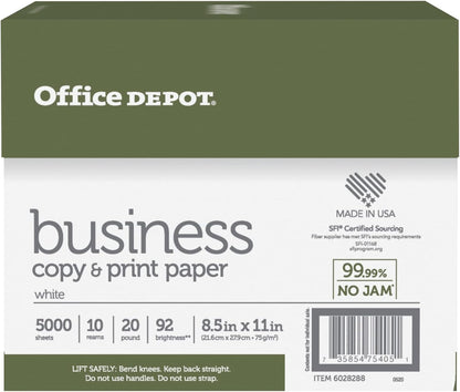 Office Depot Business Multi-Use Printer & Copy Paper, 10 Reams, White, Letter (8.5" x 11"), 5000 Sheets Per Case, 20 Lb, 92 Brightness, 1 Case