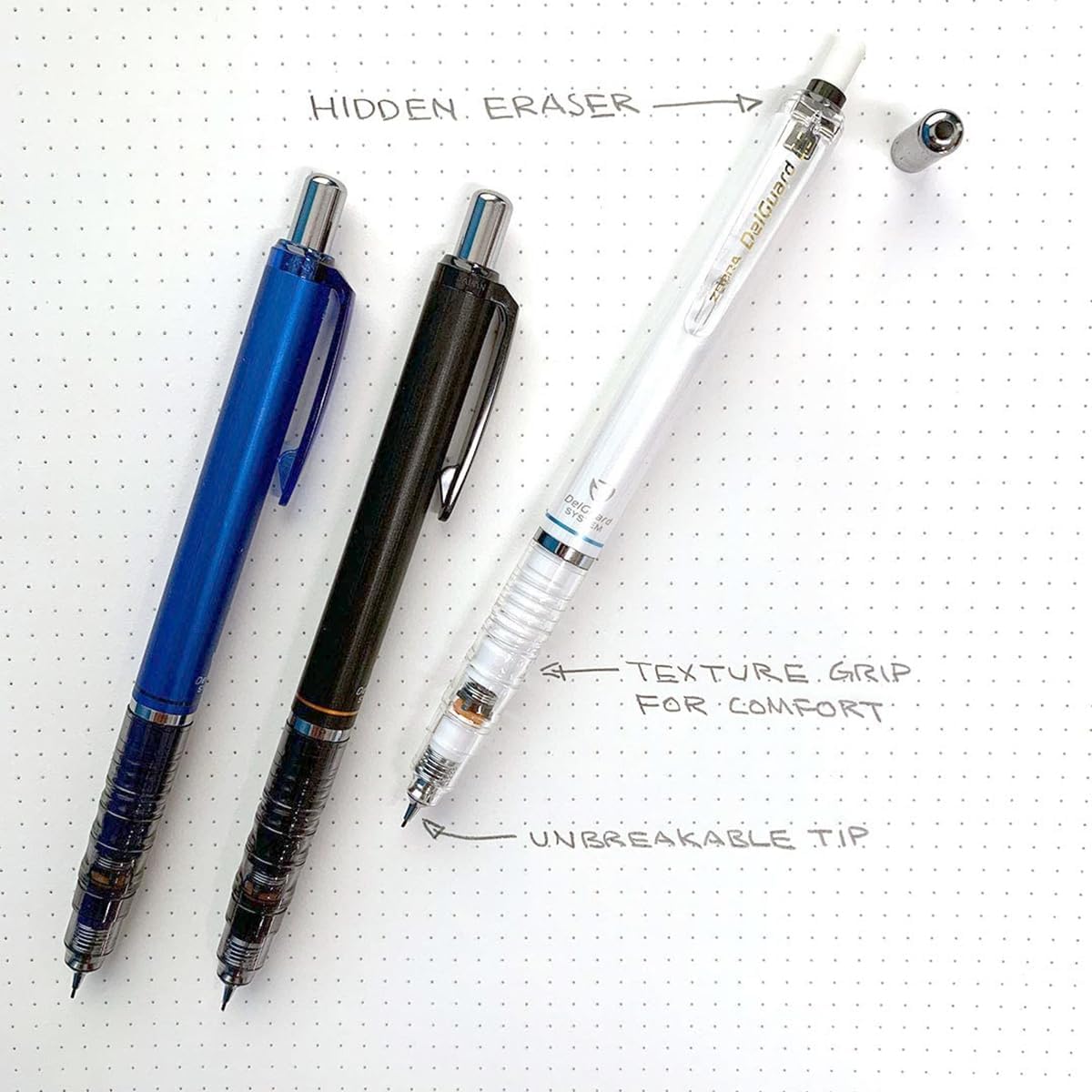 Zebra Pen DelGuard Mechanical Pencil 0.5mm, Black, Blue & White Barrel, Resists Lead Breaking, Double Spring Protection, Built-In Eraser, 3-Pack with Refills, Clip for Easy Carrying (58603)