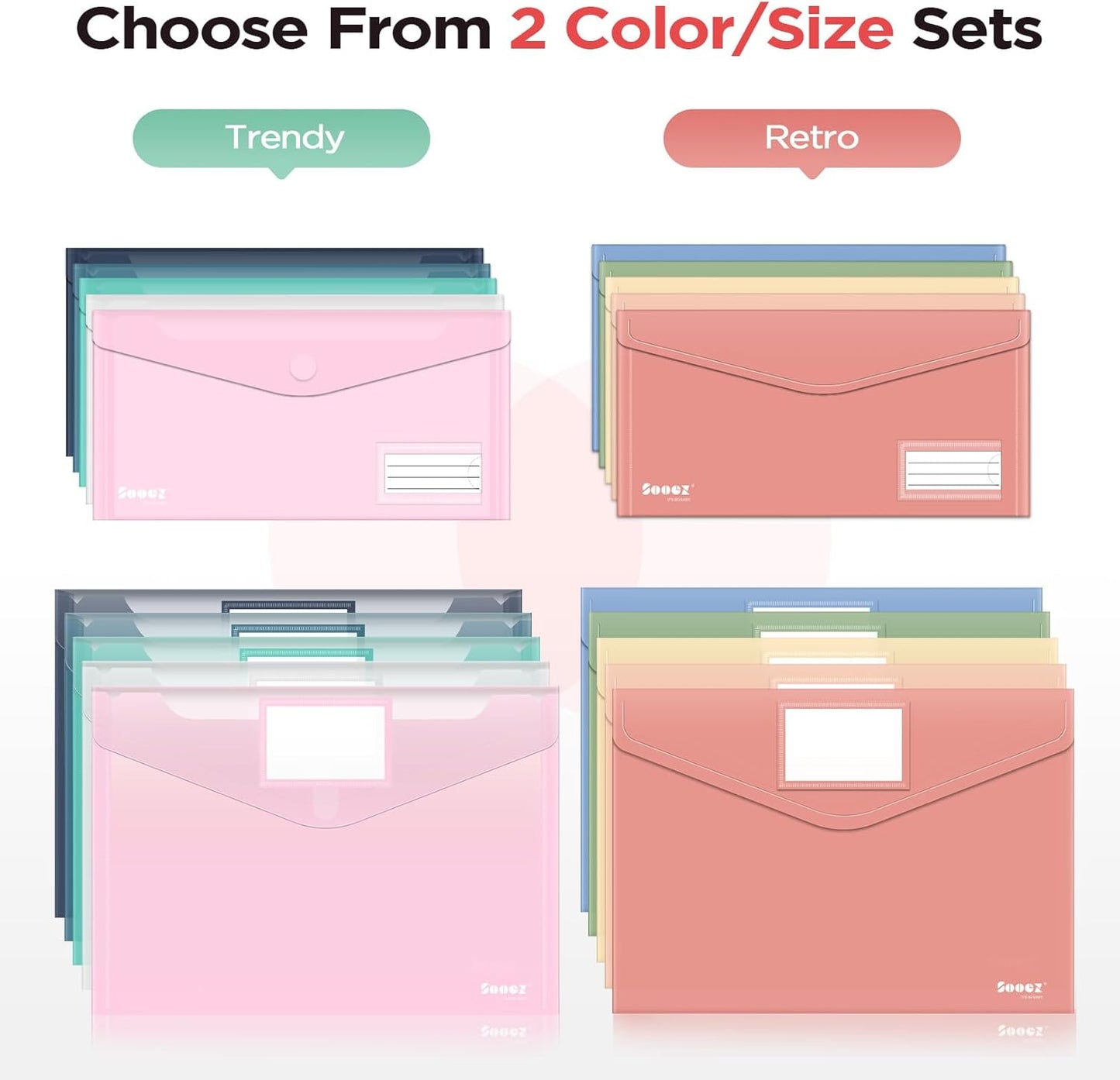 Sooez 10Pack Plastic Envelopes, Plastic File Folders, Clear Folders for Documents Trendy Colors, Super Heavyweight Document Holders, Storage Pouches, File Envelopes for School Office Supplies