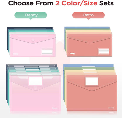 Sooez 10Pack Plastic Envelopes, Plastic File Folders, Clear Folders for Documents Trendy Colors, Super Heavyweight Document Holders, Storage Pouches, File Envelopes for School Office Supplies
