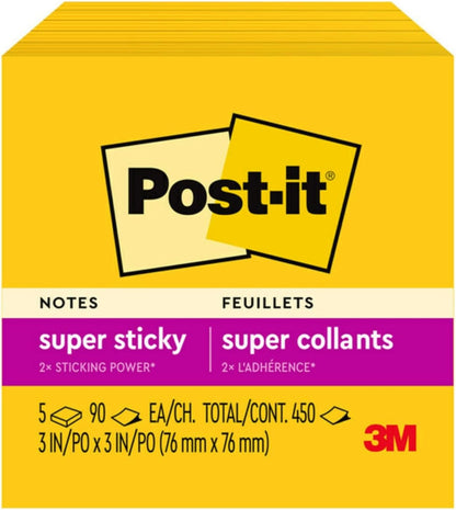 Post-it Super Sticky Notes, 5 Sticky Note Pads, 3 x 3 in., School Supplies, Office Products, for Vertical Surfaces, Monitors, Walls and Windows, First Snow White