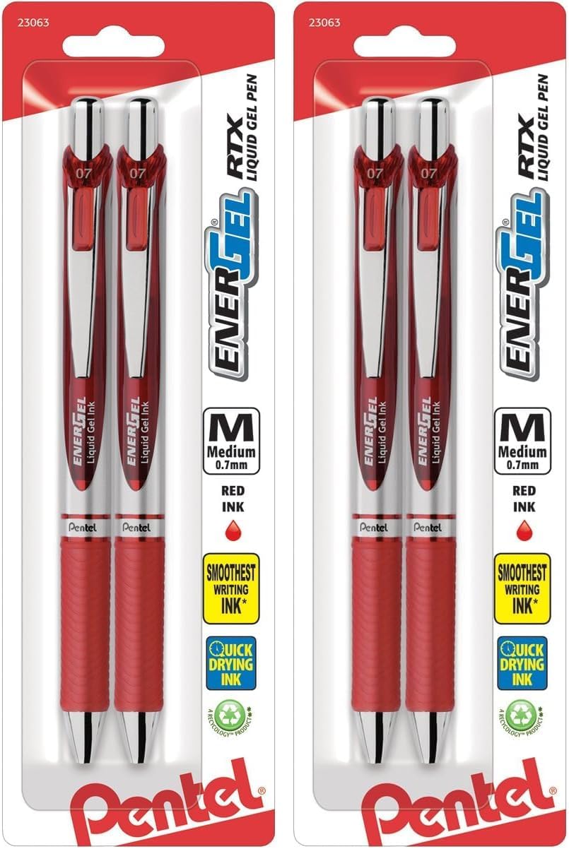 Pentel EnerGel RTX Retractable Liquid Gel Pen, Medium Line, Metal Tip, Pink/Violet Ink, 2-Pack (BL77BP2PV)